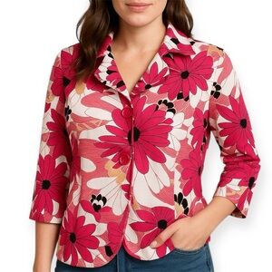 Rafaella Vibrant Pink Floral Button-Front 3/4 Sleeves Jacket Top (1079)